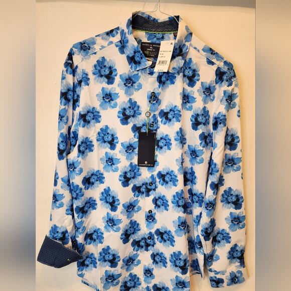 Men's New Blue Floral Shirt Button-Up Wrinkle Free Tropical Size XL - Picture 2 of 11